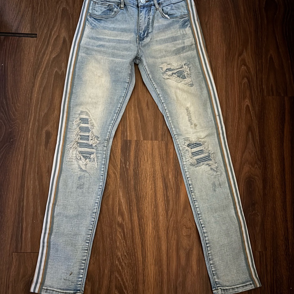 Light Wash Distressed Skinny Jeans with Side Stripe